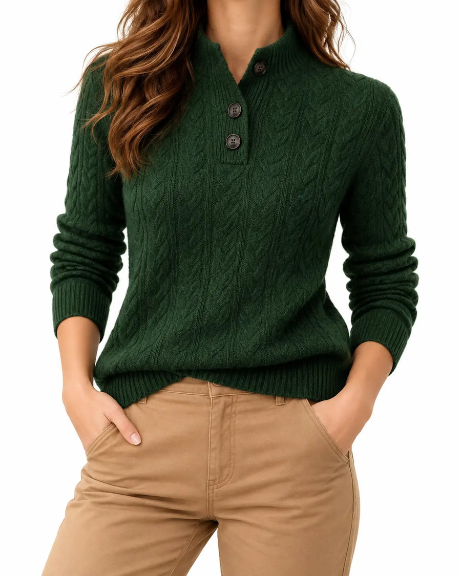 Pull Femme Col Boutonné Maille Torsadée Laine Mélangée Vert porté