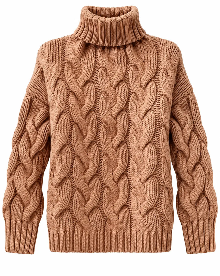 Pull Femme Col Montant Torsadé Manches Longues Camel