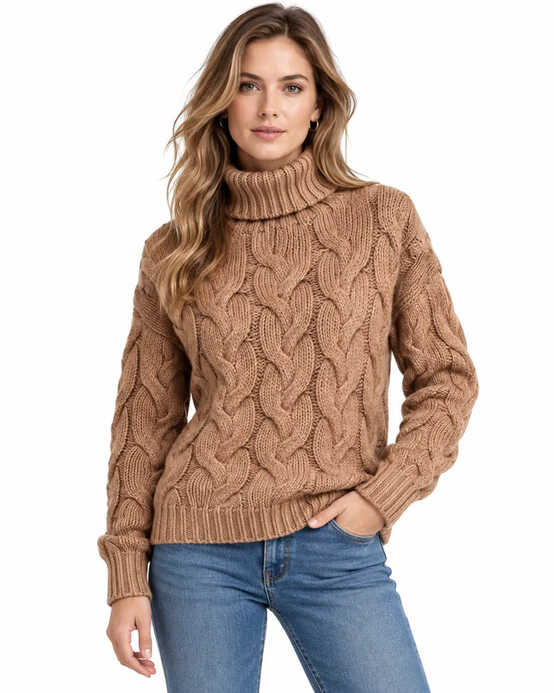 Pull Femme Col Montant Torsadé Manches Longues Camel porté