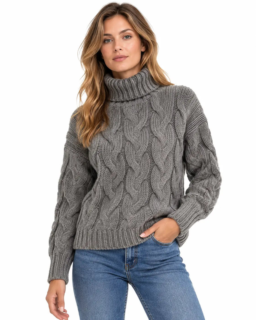 Pull Femme Col Montant Torsadé Manches Longues Gris anthracite porté
