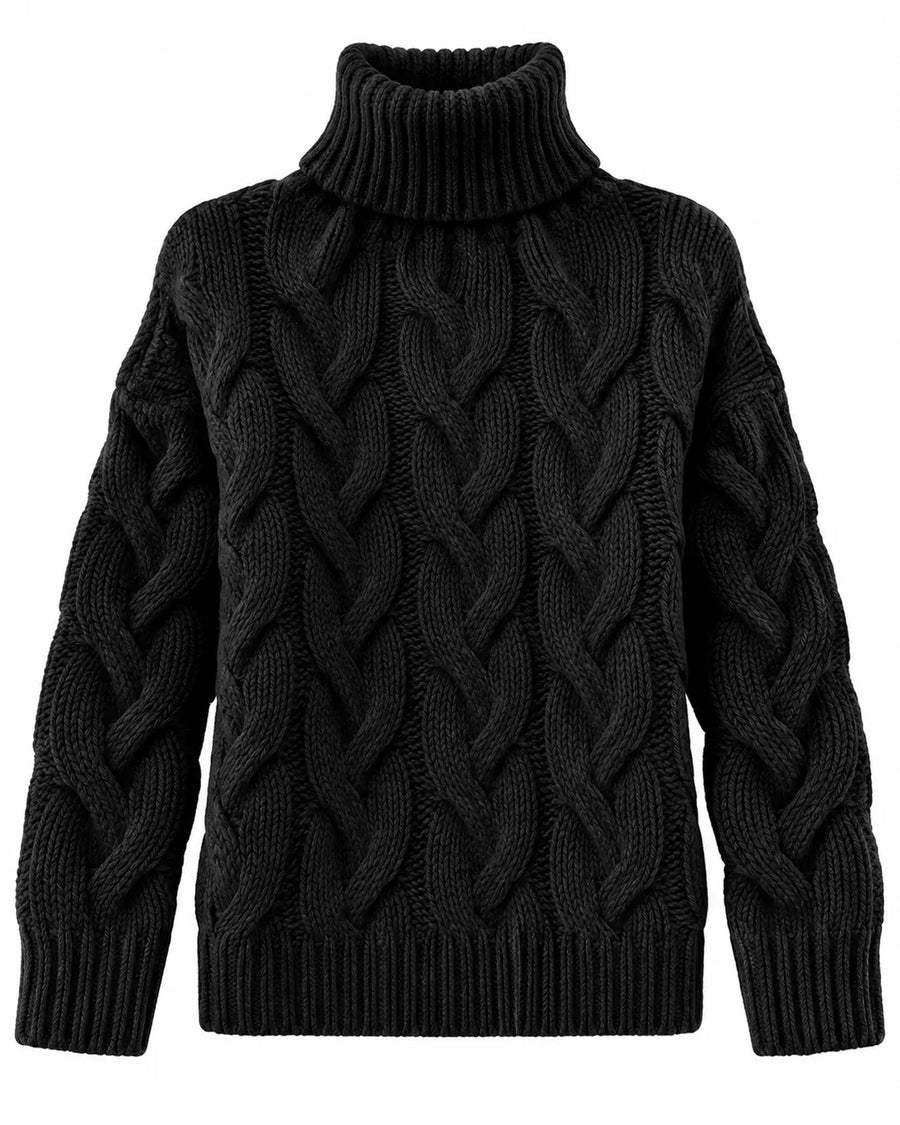 Pull Femme Col Montant Torsadé Manches Longues Noir