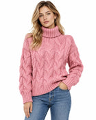 Women's Cable-Knit High-Neck Jumper with Long Sleeves - Pink
