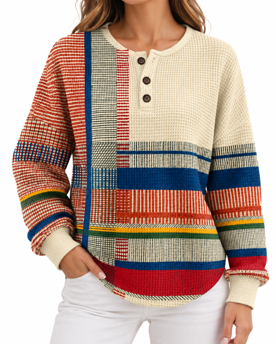 Pull Femme Col Rond en Maille Gaufrée Boutonné Automne Hiver - photo produit 1