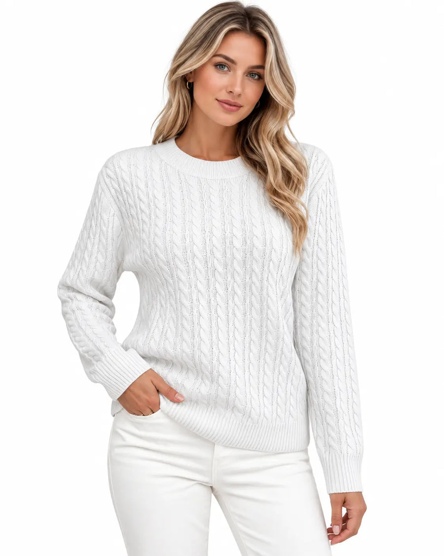 Pull Femme Col Rond Maille Torsadée Blanc porté