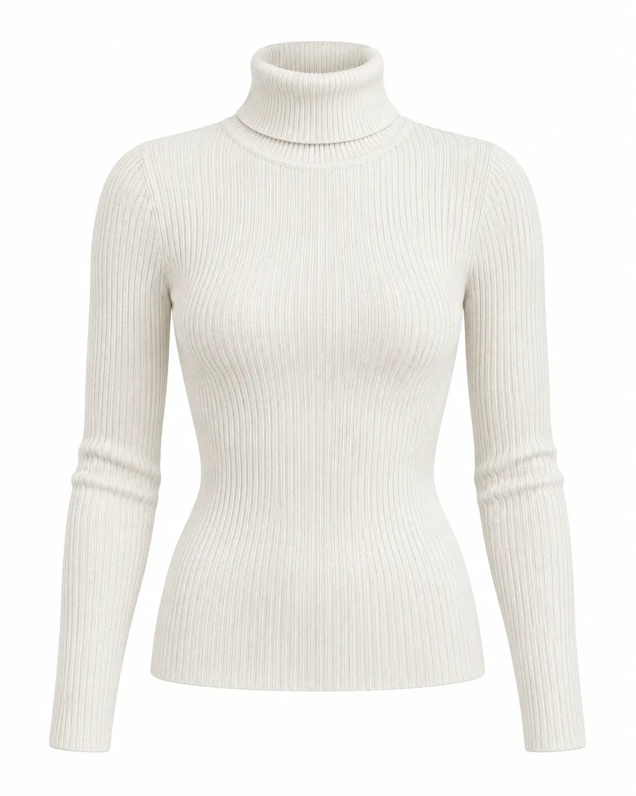 Pull Femme Col Roulé Côtelé Léger Blanc