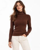 Women's Fitted Lightweight Ribbed Roll-Neck Jumper - Dark Brown