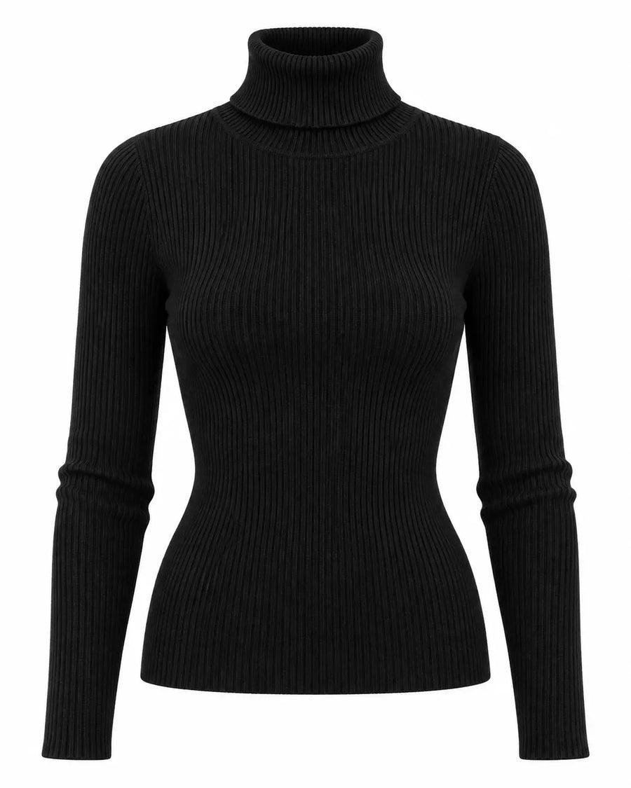 Pull Femme Col Roulé Côtelé Léger Noir