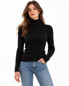 Women's Fitted Lightweight Ribbed Roll-Neck Jumper - Black