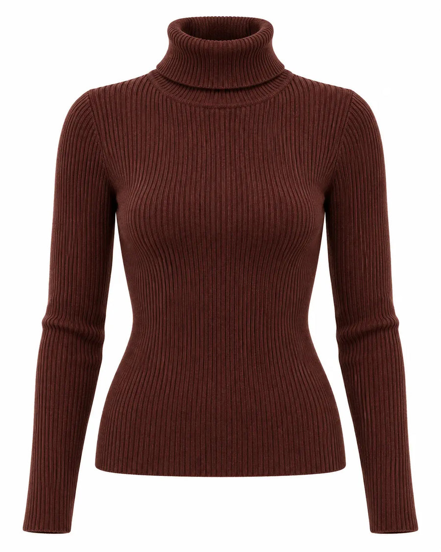 Pull Femme Col Roulé Côtelé Léger Rouge bordeaux