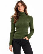 Women's Fitted Lightweight Ribbed Roll-Neck Jumper - Green