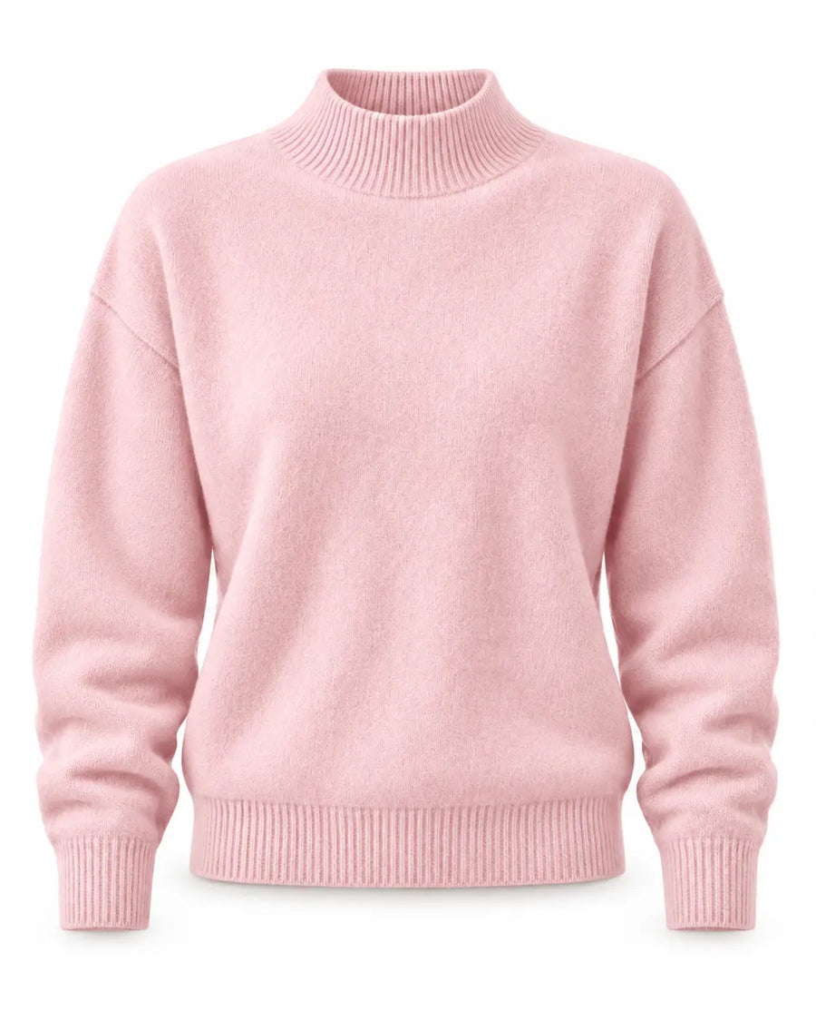 Pull Femme Col Roulé Maille Côtelée Rose clair