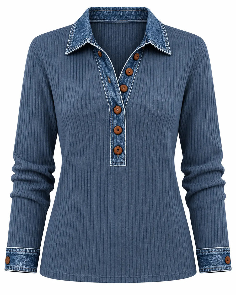 Pull Femme Côtelé Boutonné Bleu