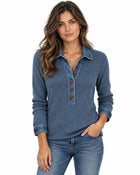 Women's Buttoned Ribbed Jumper - Blue