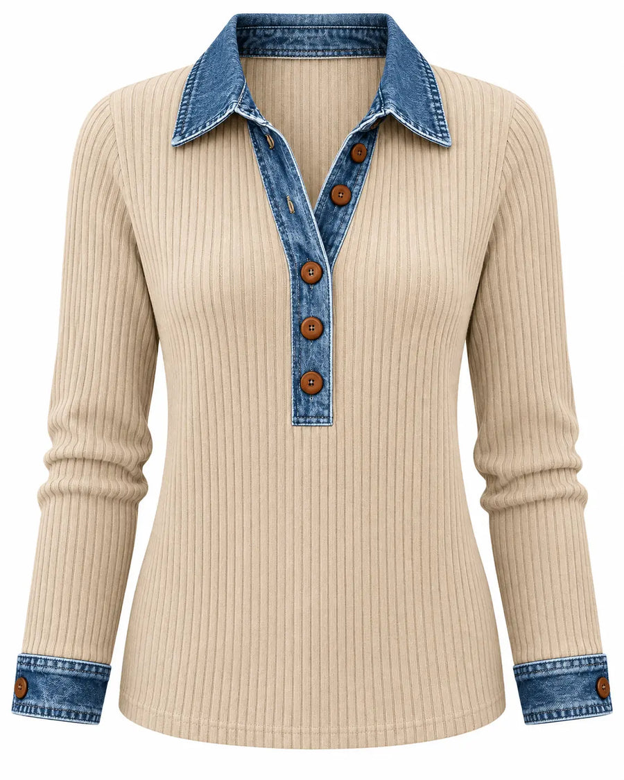 Pull Femme Côtelé Boutonné Kaki clair