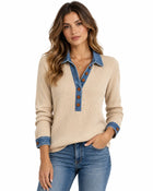 Women's Buttoned Ribbed Jumper - Light Khaki
