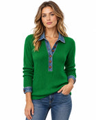 Women's Buttoned Ribbed Jumper - Green