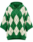 Women's Argyle Jacquard Hooded Jumper with Batwing Sleeves - Green