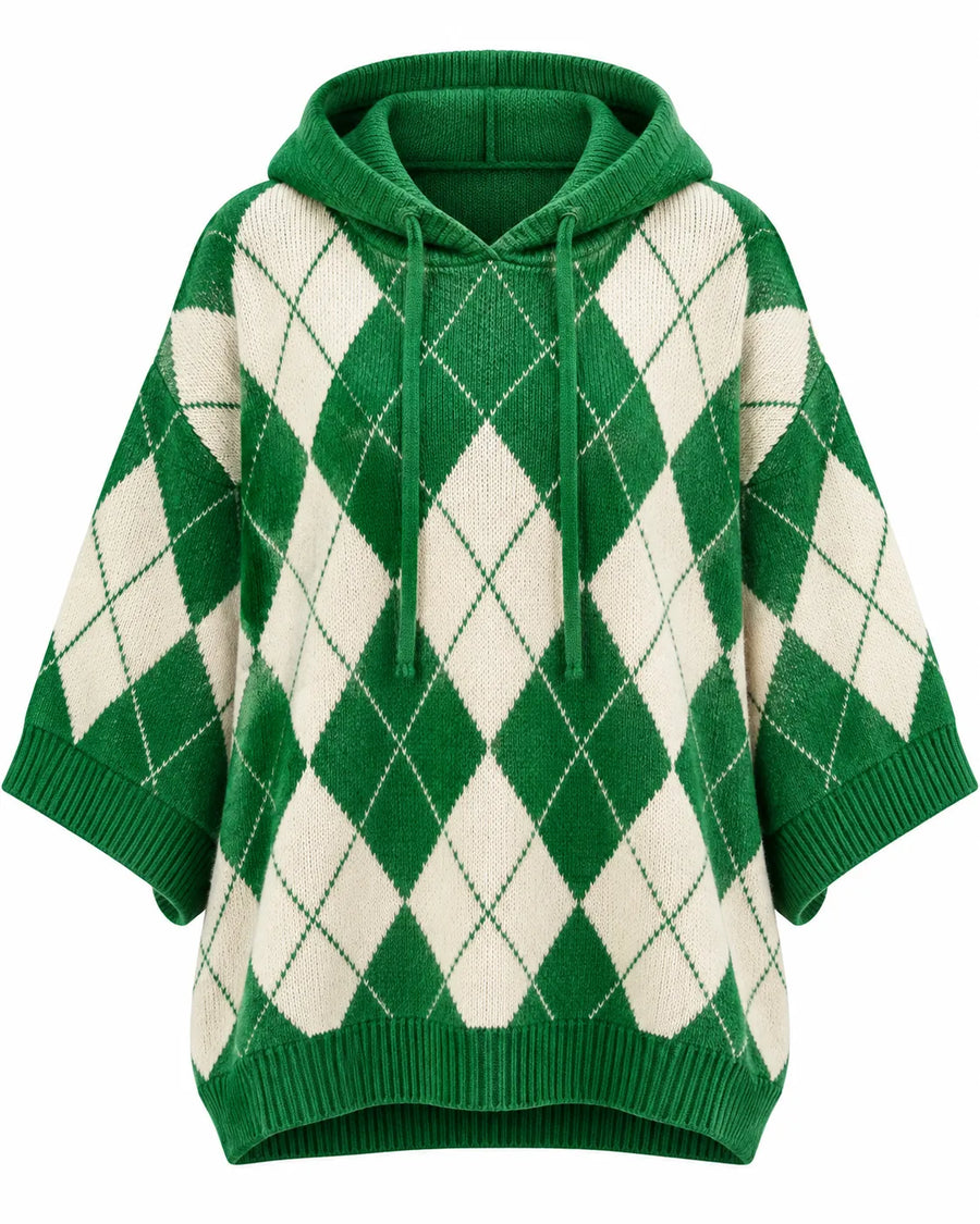 Pull Femme Jacquard Argyle à Capuche Manches Chauve-Souris