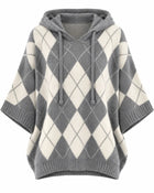 Women's Argyle Jacquard Hooded Jumper with Batwing Sleeves - Grey