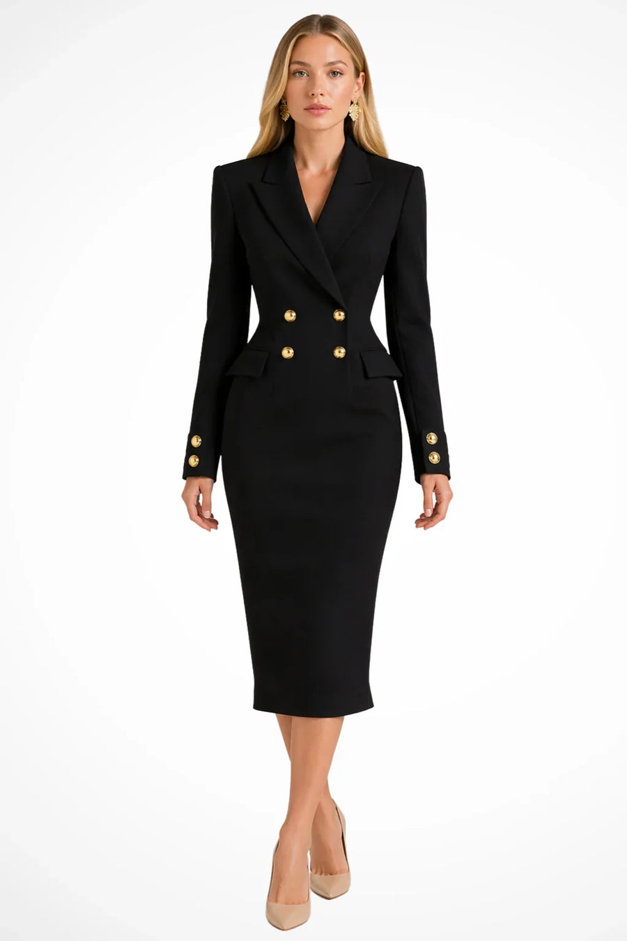 Robe Blazer Femme Midi à Fermeture Croisée et Boutons Automne - photo produit 3