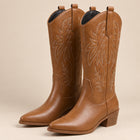 Women's Mid-Calf Boots – Feather-Embroidered Faux Leather Cowboy Boots - Brown