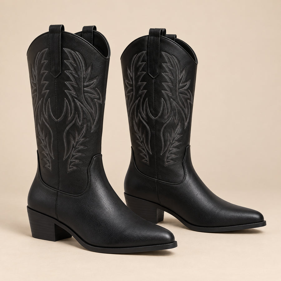 Bottes Mi-Mollet Femme - Santiags Brodées Plumes en Simili - Noir - vue non portée sur fond beige