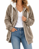 Women's Zip-Up Teddy Fleece Hoodie - Khaki