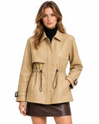 Women's Trench Coat – Leather-Look Shirt Collar Drawstring Zip-Up - Beige
