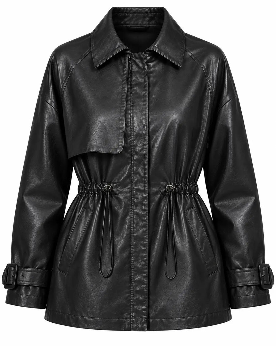 Trench Femme - Aspect Cuir Col Chemise Cordon de Serrage Zippé Noir