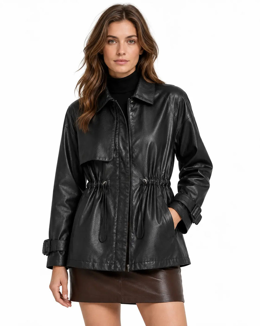 Trench Femme - Aspect Cuir Col Chemise Cordon de Serrage Zippé Noir porté