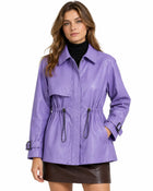Women's Trench Coat – Leather-Look Shirt Collar Drawstring Zip-Up - Light Purple