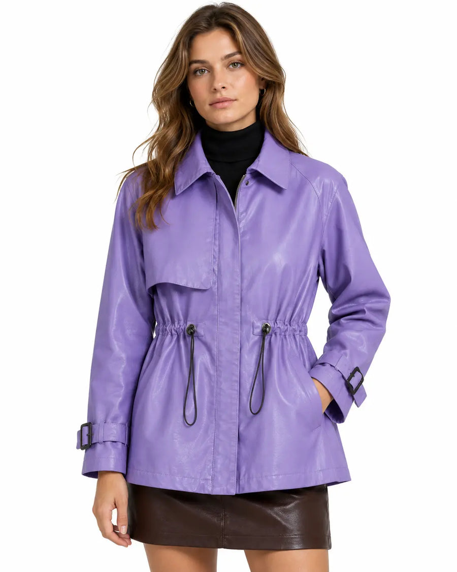 Trench Femme - Aspect Cuir Col Chemise Cordon de Serrage Zippé Violet clair porté