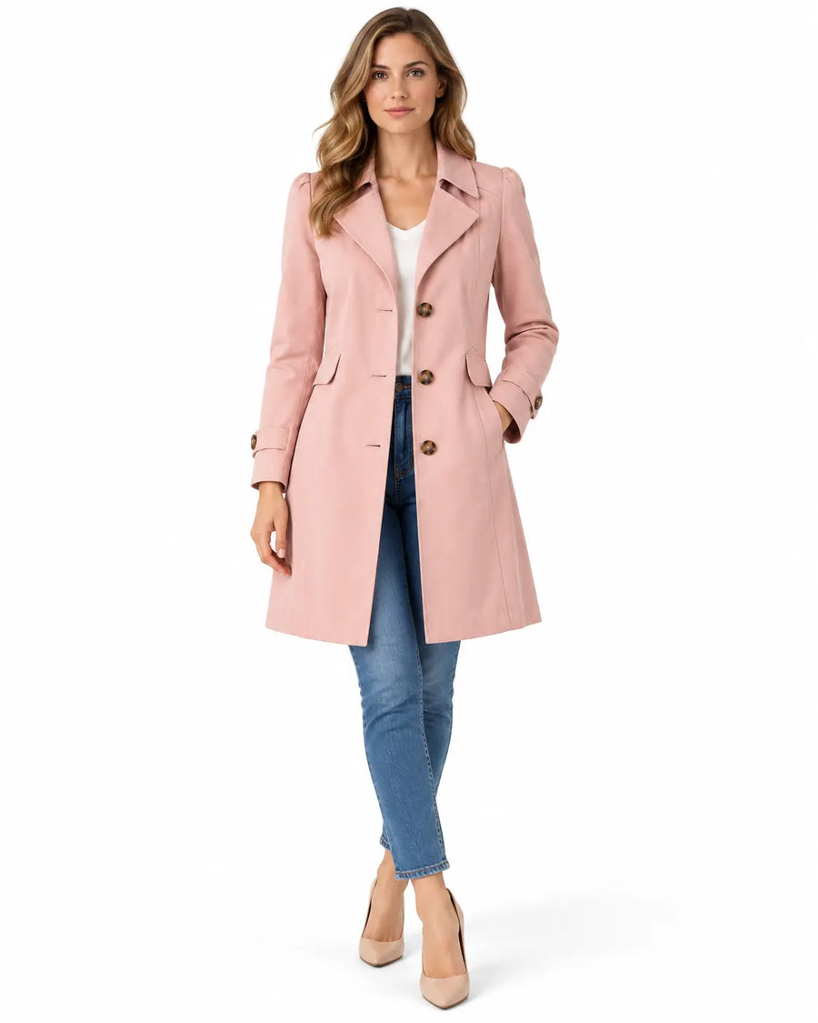 Trench Femme Beige - Court Cintré Boutonné Coupe Ajustée Rose porté