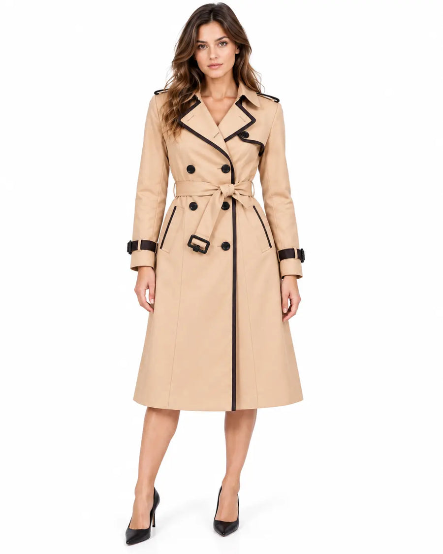 Trench Femme Beige - Long Double Boutonnage Ceinturé Beige porté