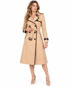 Women's Beige Long Double-Breasted Belted Trench Coat - Beige