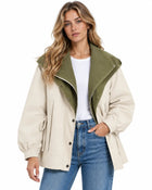 Women's Trench Coat – Oversized Windbreaker Zip-Up Shawl Collar Balloon Sleeves - Cream
