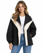 Women's Trench Coat – Oversized Windbreaker Zip-Up Shawl Collar Balloon Sleeves - Black