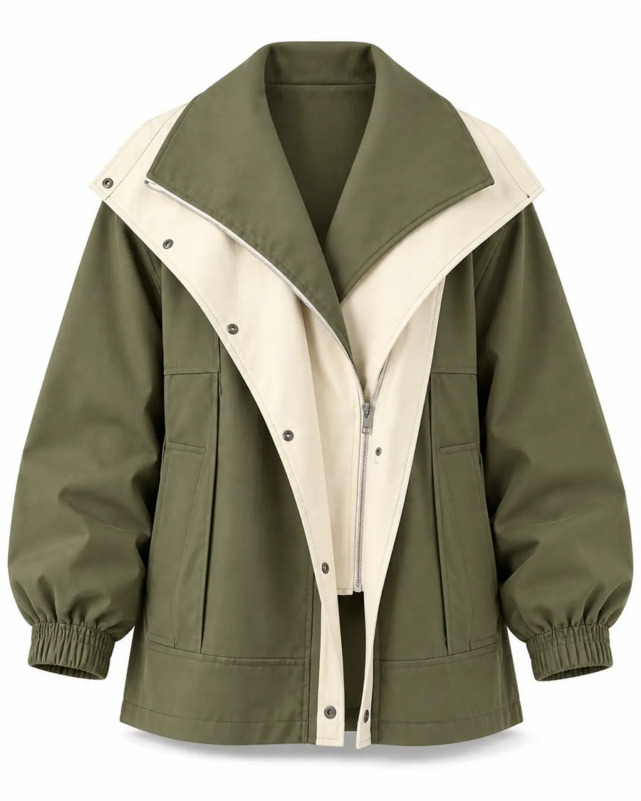 Trench Femme - Coupe-Vent Oversize Col Châle Zippé Manches Ballon Vert
