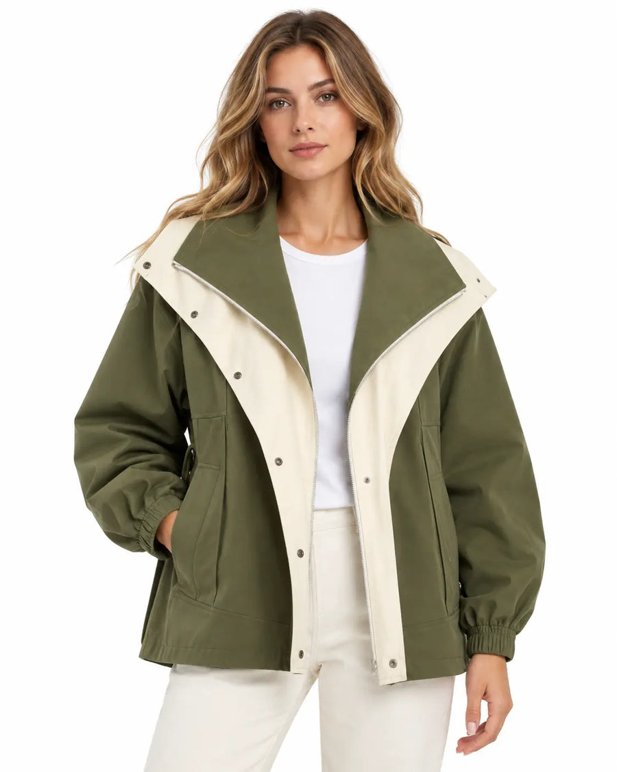 Trench Femme - Coupe-Vent Oversize Col Châle Zippé Manches Ballon Vert porté