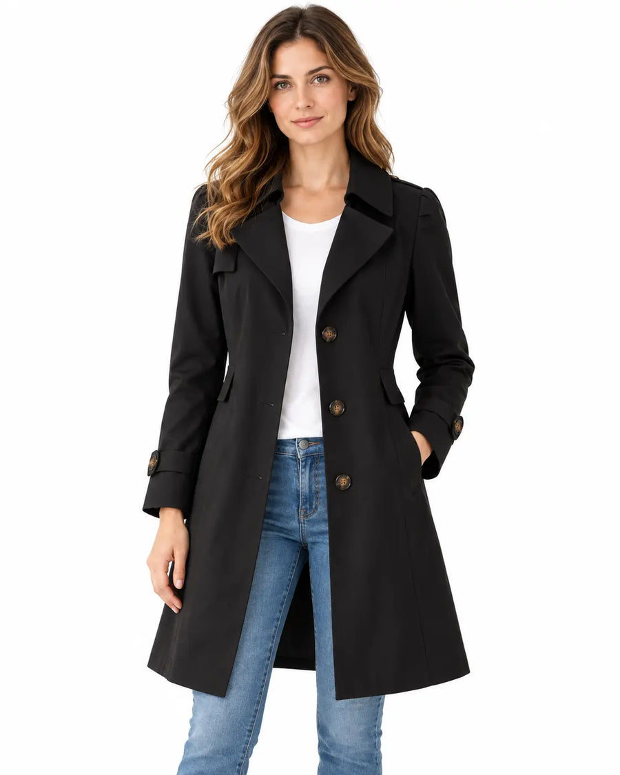 Trench Femme - Court Cintré Croisé Col Revers Poches Passepoilées Noir porté