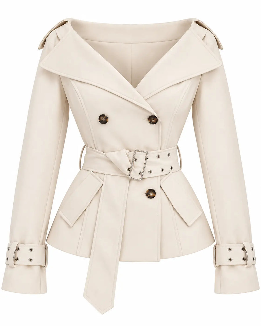 Trench Femme - Court Croisé Épaules Dénudées Ceinture à Boucle Abricot