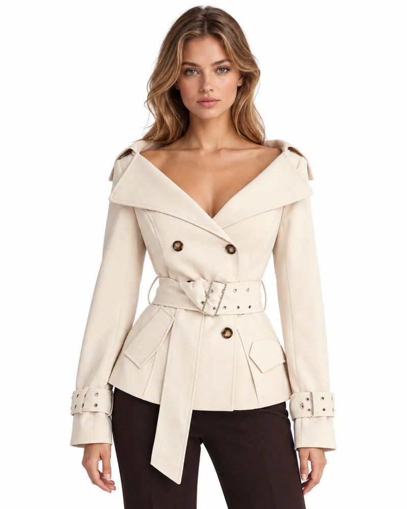Trench Femme - Court Croisé Épaules Dénudées Ceinture à Boucle Abricot porté