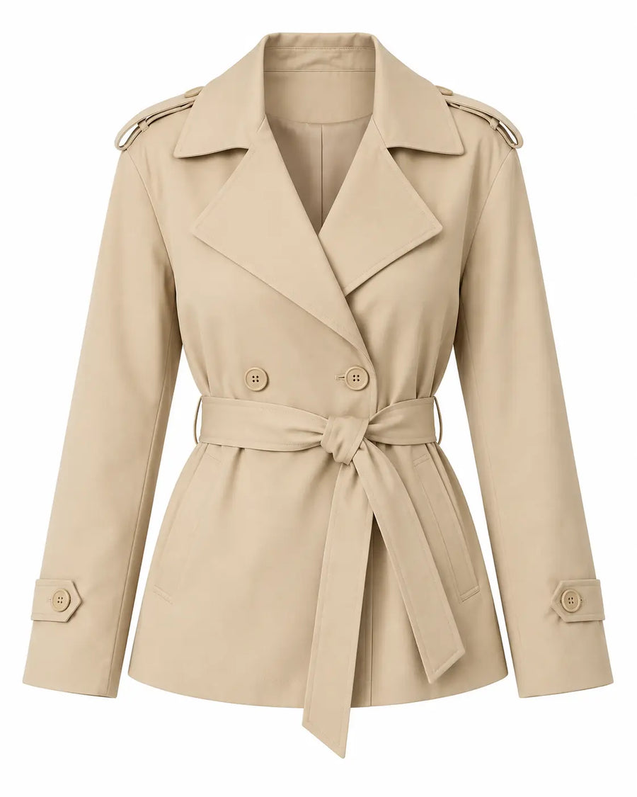 Trench Femme - Court Droit Croisé Ceinture Col Cranté Épaulettes Kaki