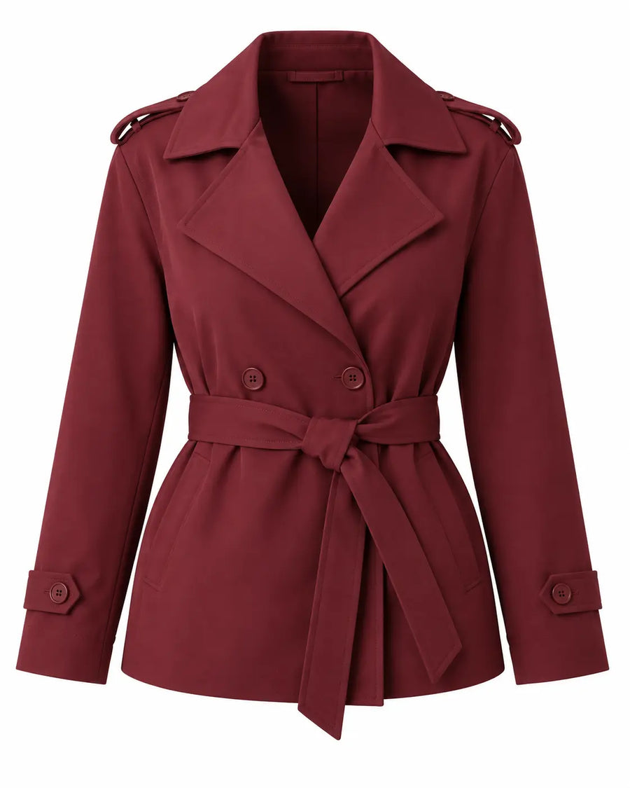 Trench Femme - Court Droit Croisé Ceinture Col Cranté Épaulettes Rouge