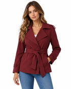 Women's Trench Coat – Cropped Straight Double-Breasted Belted Notch Collar Epaulettes - Red
