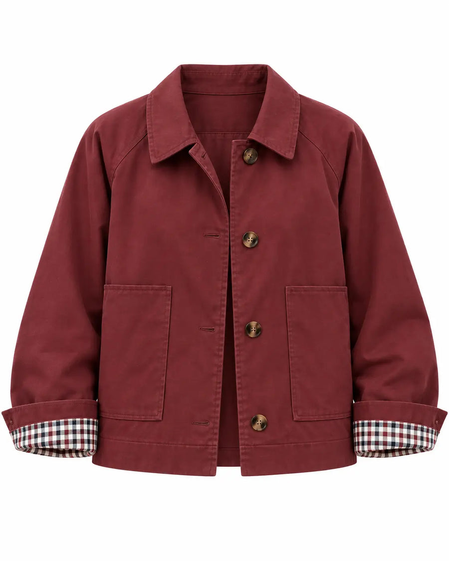 Trench Femme - Court Gabardine Coton Col Chemise Poches Plaquées Bordeaux