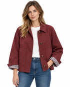 Women's Trench Coat – Cropped Cotton Gabardine Shirt Collar Patch Pockets - Burgundy