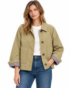 Women's Trench Coat – Cropped Cotton Gabardine Shirt Collar Patch Pockets - Khaki