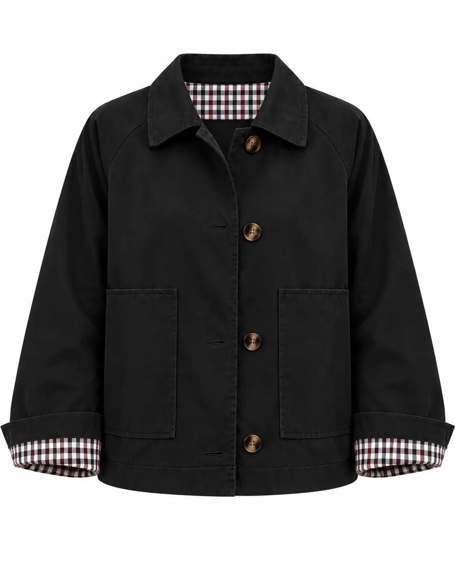Trench Femme - Court Gabardine Coton Col Chemise Poches Plaquées Noir