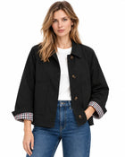Women's Trench Coat – Cropped Cotton Gabardine Shirt Collar Patch Pockets - Black